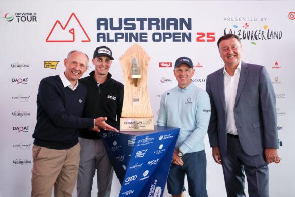 DP World Tour, Austrian Alpine Open, press conference. Image shows Leo Bauernberger (CEO Salzburgerland Tourismus), Matthias Schwab (AUT), Luke Donald (GBR), Edwin Weindorfer (CEO Golf Enterprises) and a trophy.